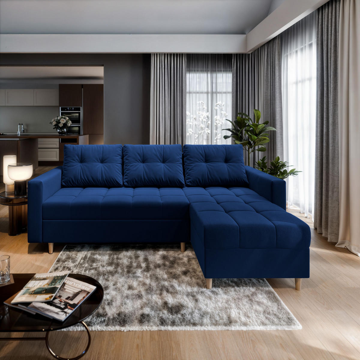 ECKSOFA MILO L Blau Plüsch-Stoff mit Schlaffunktion - Blau, Holz (220/140cm) - MASSENO