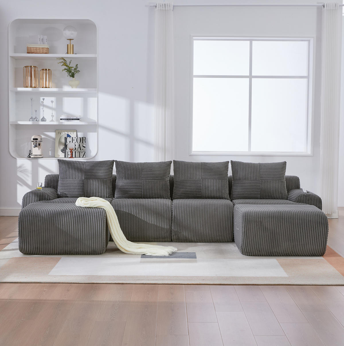 WOHNLANDSCHAFT modular 4-Sitzer mit 2 Hockern 333 x 174 cm Cord Dark Gray - Dunkelgrau, Kunststoff (174/80/333cm) - Meubliv