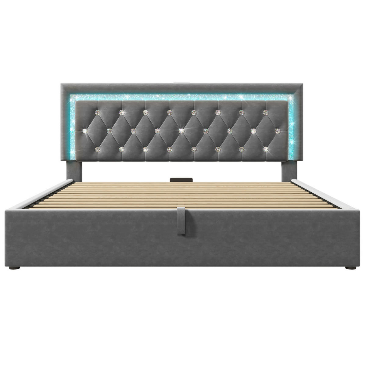 POLSTERBETT 140/200 cm Grau mit LED-Diamantstreifen und USB-Anschlüssen - Grau, Textil (140/200cm) - OKWISH