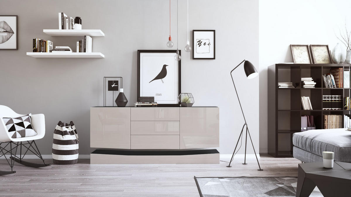 SIDEBOARD City Fronten in Sandgrau Hochglanz - Sandfarben, Holzwerkstoff (178/82/39cm) - Vladon