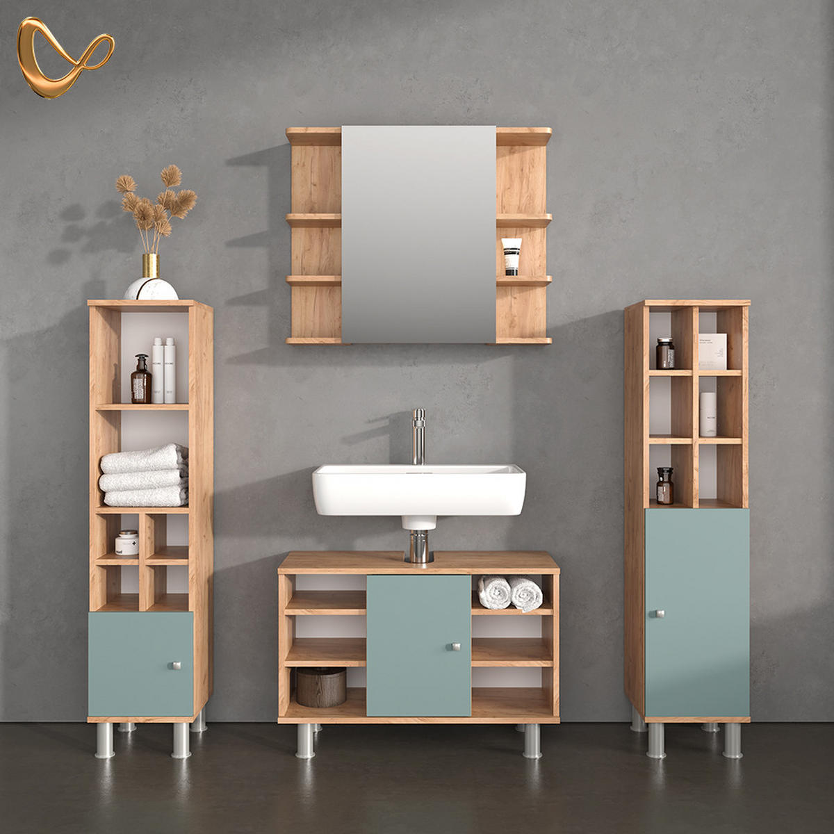 BADMÖBEL-SET Fucino Grün 4 Teile, mit Midischränke - Eiche Wotan/Grün, Holzwerkstoff (60/54/32cm) - Livinity®
