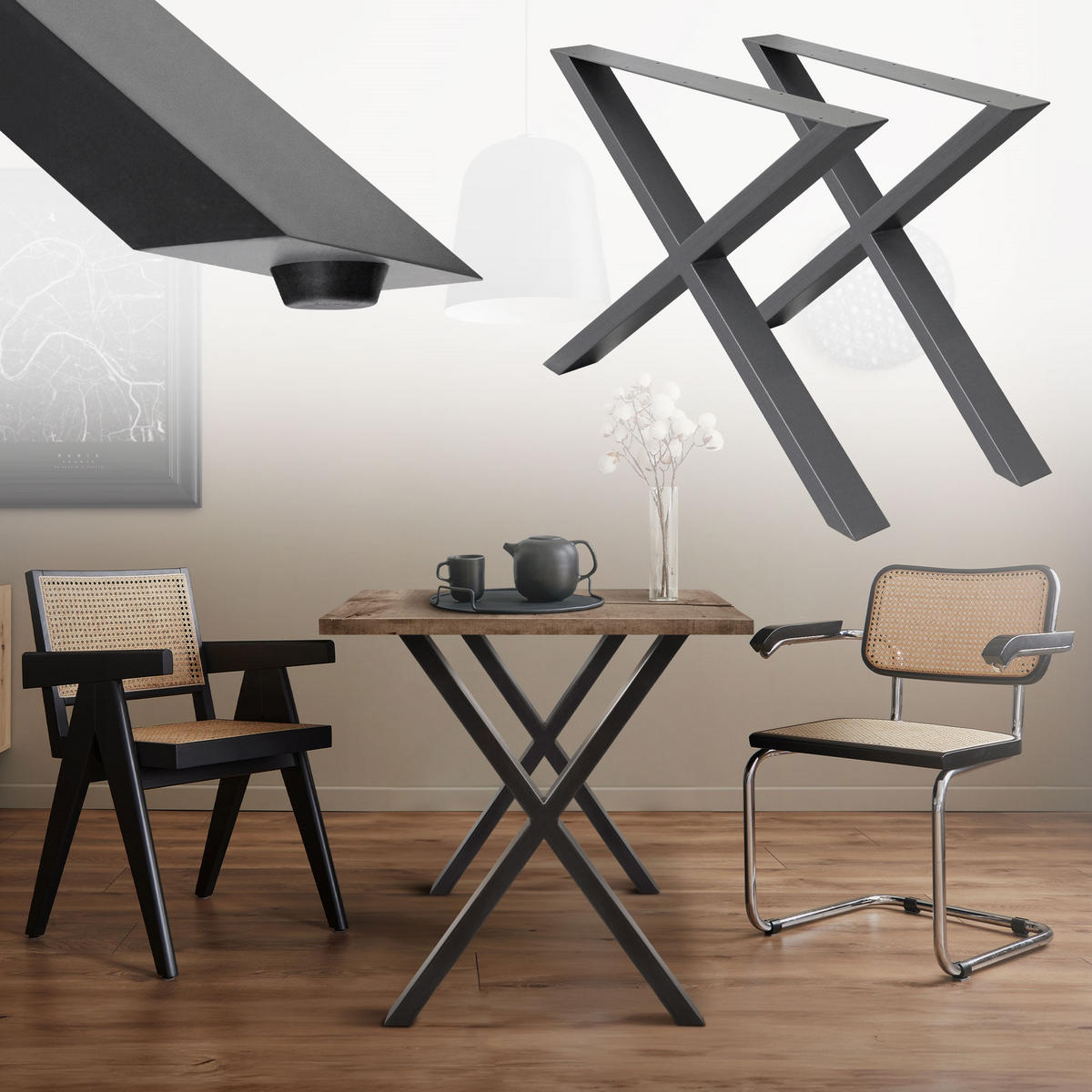 TISCHBEINE 2er Set 60 x 72 cm Anthrazit X-Form - Dunkelgrau, Metall (60/8/72cm) - ECD-Germany