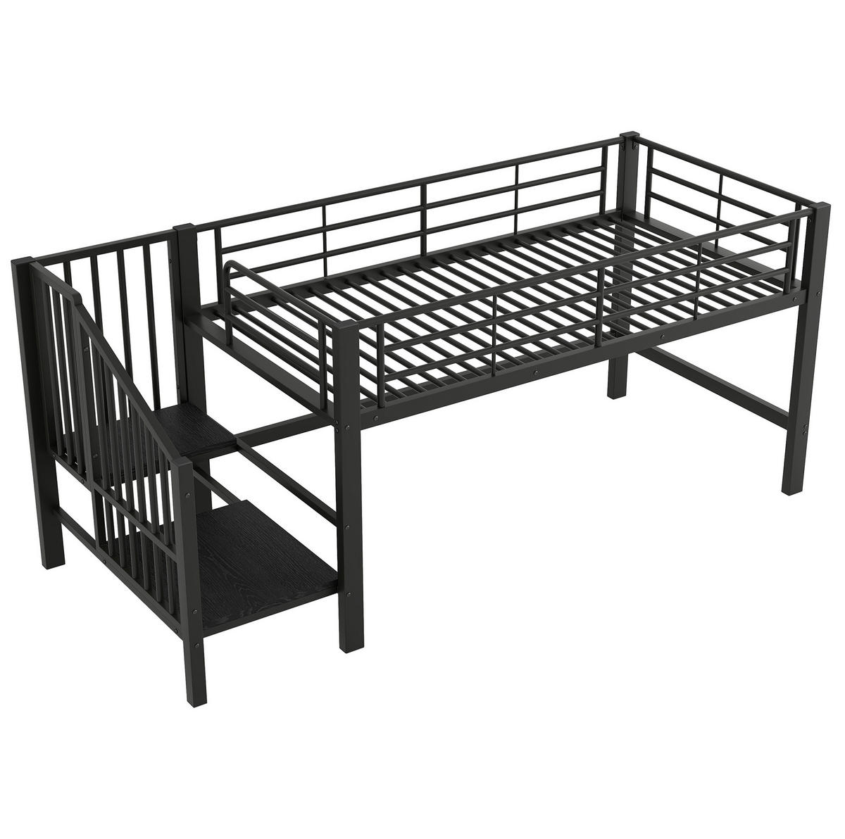 HALBHOHES HOCHBETT 90/200 cm, Schwarz, platzsparend mit Stauraumtreppe - Schwarz, Metall (90/200cm) - MIVRAY