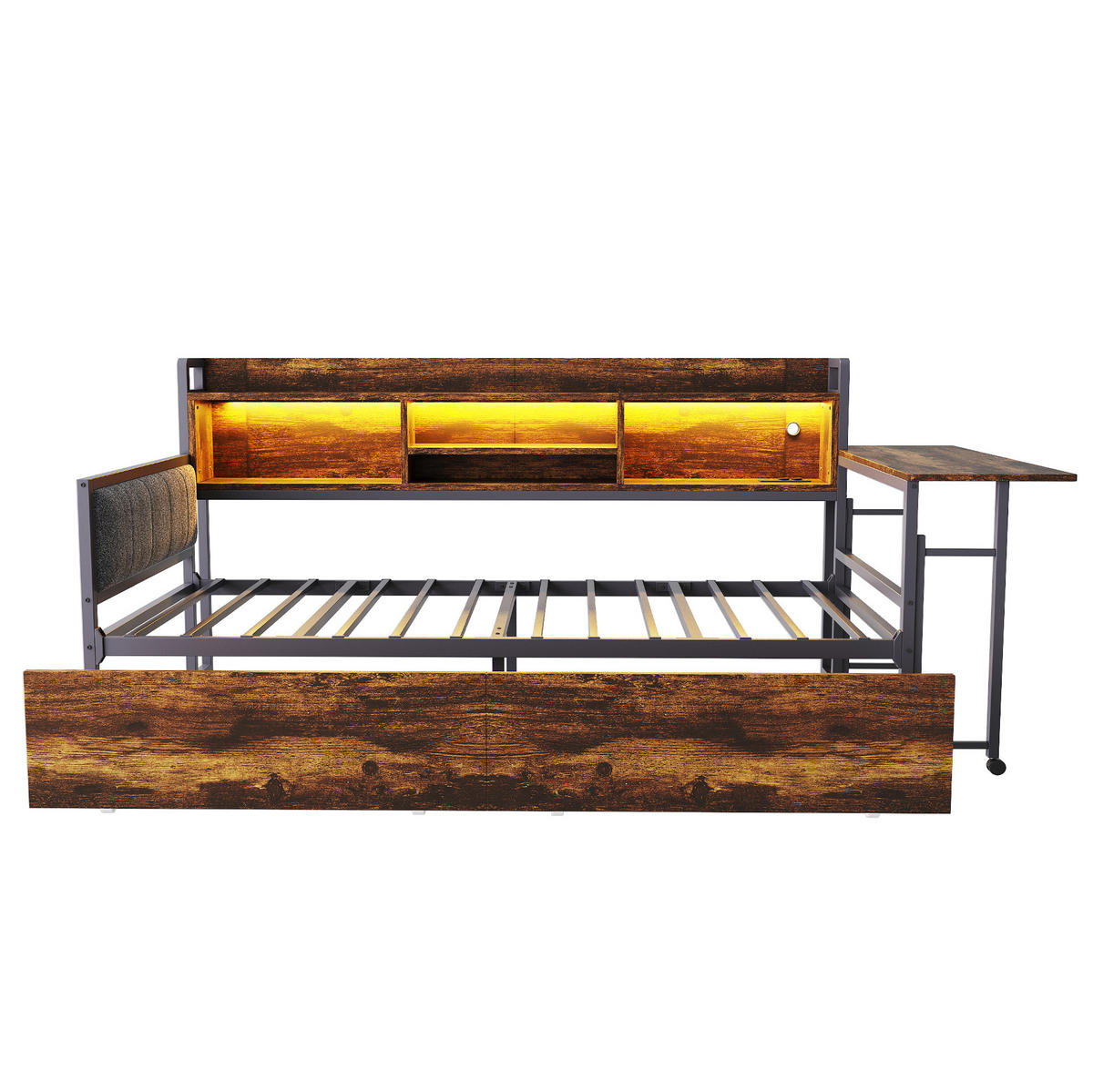 BETT 90/200 cm mit Schreibtisch, LED-Beleuchtung und Stauraum in Holzfarben - Naturfarben, Metall (90/200cm) - Flora Grace