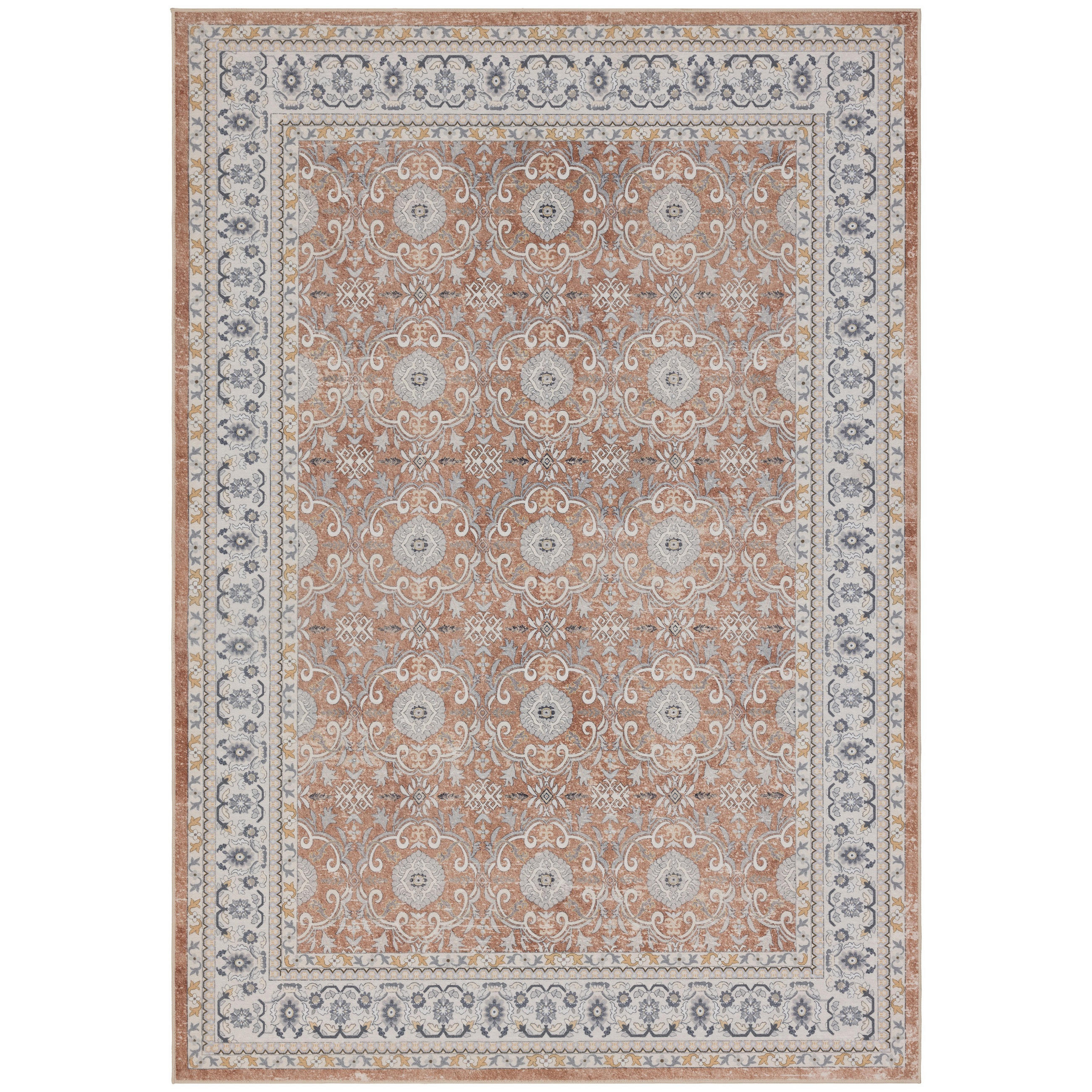 TEPPICH Kurzflor, waschbar, mit floralen Ornamenten, VERNANTE in Terrakotta-Creme, 280 x 370 cm - Rot, Textil (280/370cm) - KADIMA DESIGN