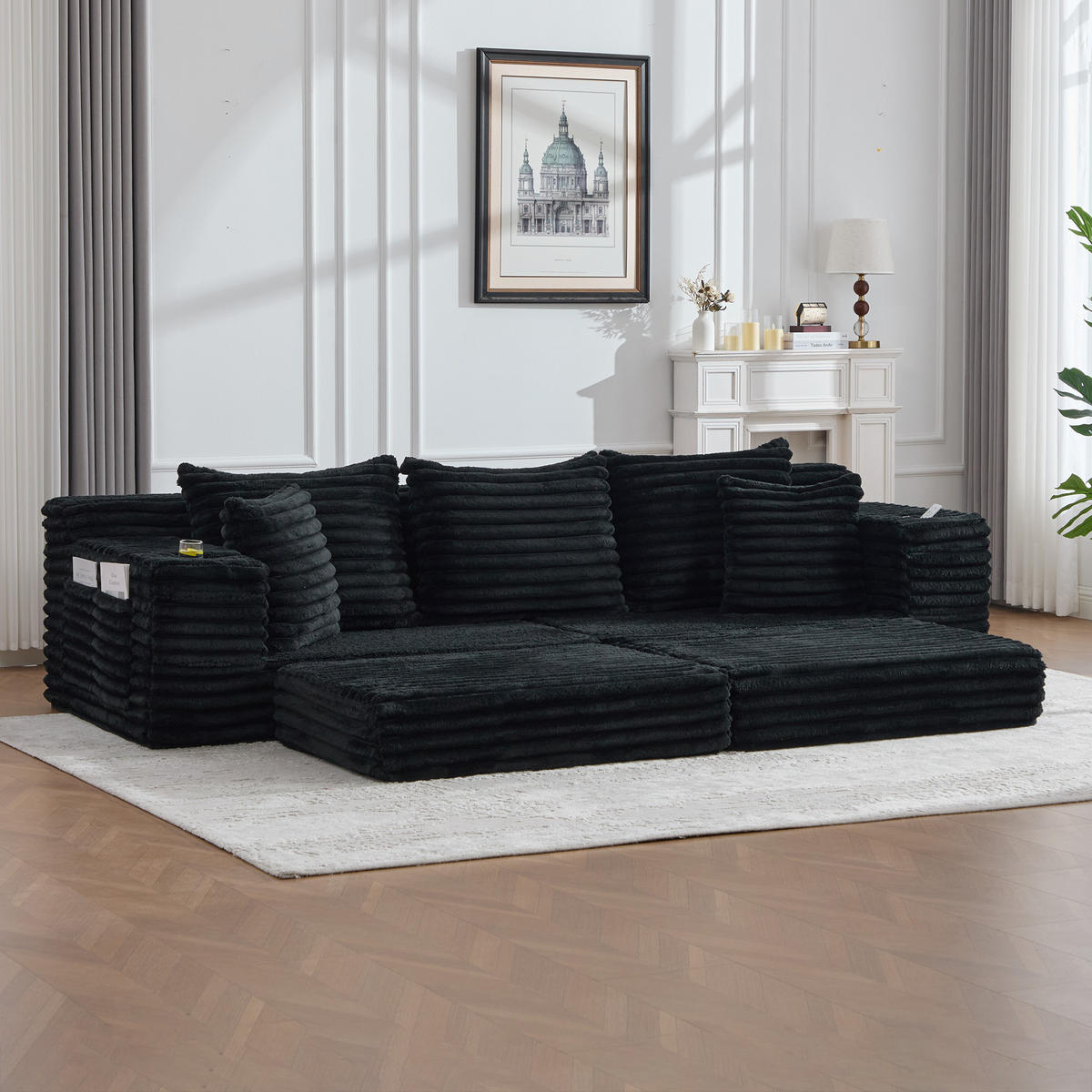 SCHLAFSOFA aus Cord mit Getränkehaltern und Kissen, Schwarz - Schwarz, Textil (107.48/34.25/38.58cm)