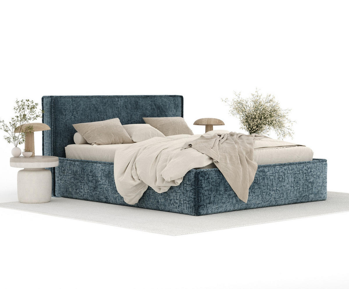 POLSTERBETT Lounge Blau 140/200 cm im Chenille-Stoff - Blau/Naturfarben, Holz/Holzwerkstoff (140/200cm) - Maison de Reve