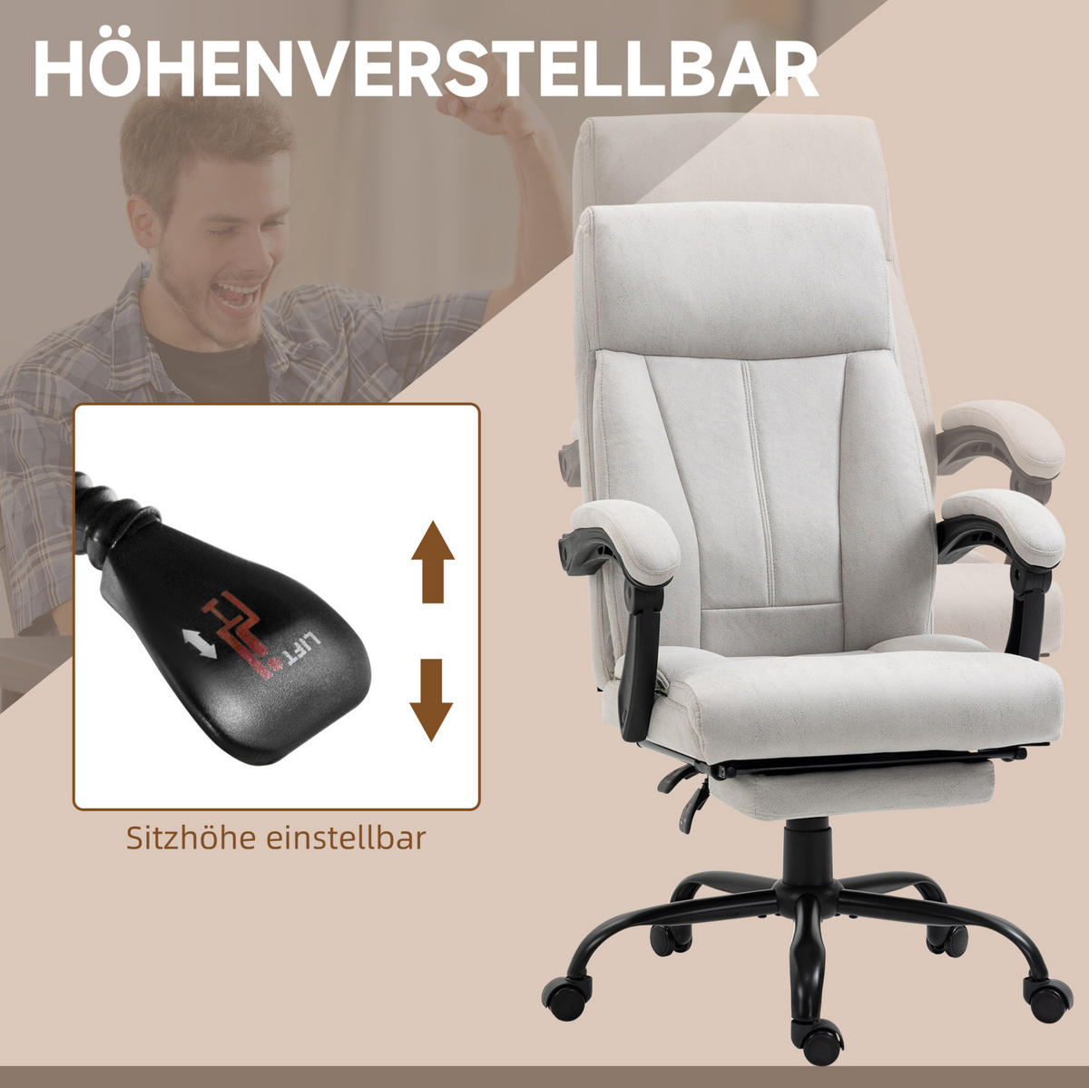 DREHSTUHL 74/65/111-119 cm hellgrau aus Polyester mit Massage und Fußstütze - Hellgrau, Kunststoff (74/119/65cm) - OKWISH