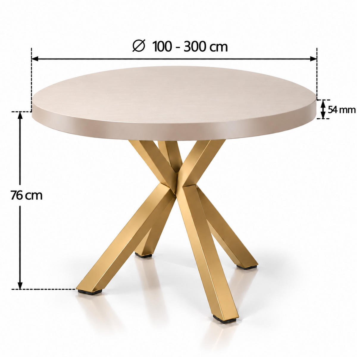 ESSTISCH rund ausziehbar 100/300/76 cm, Kaschmir, 54 cm Tischplatte + X Metallbeine Gold - Kaschmir/Goldfarben, Holzwerkstoff/Metall (100/300/76cm) - Damale Möbel