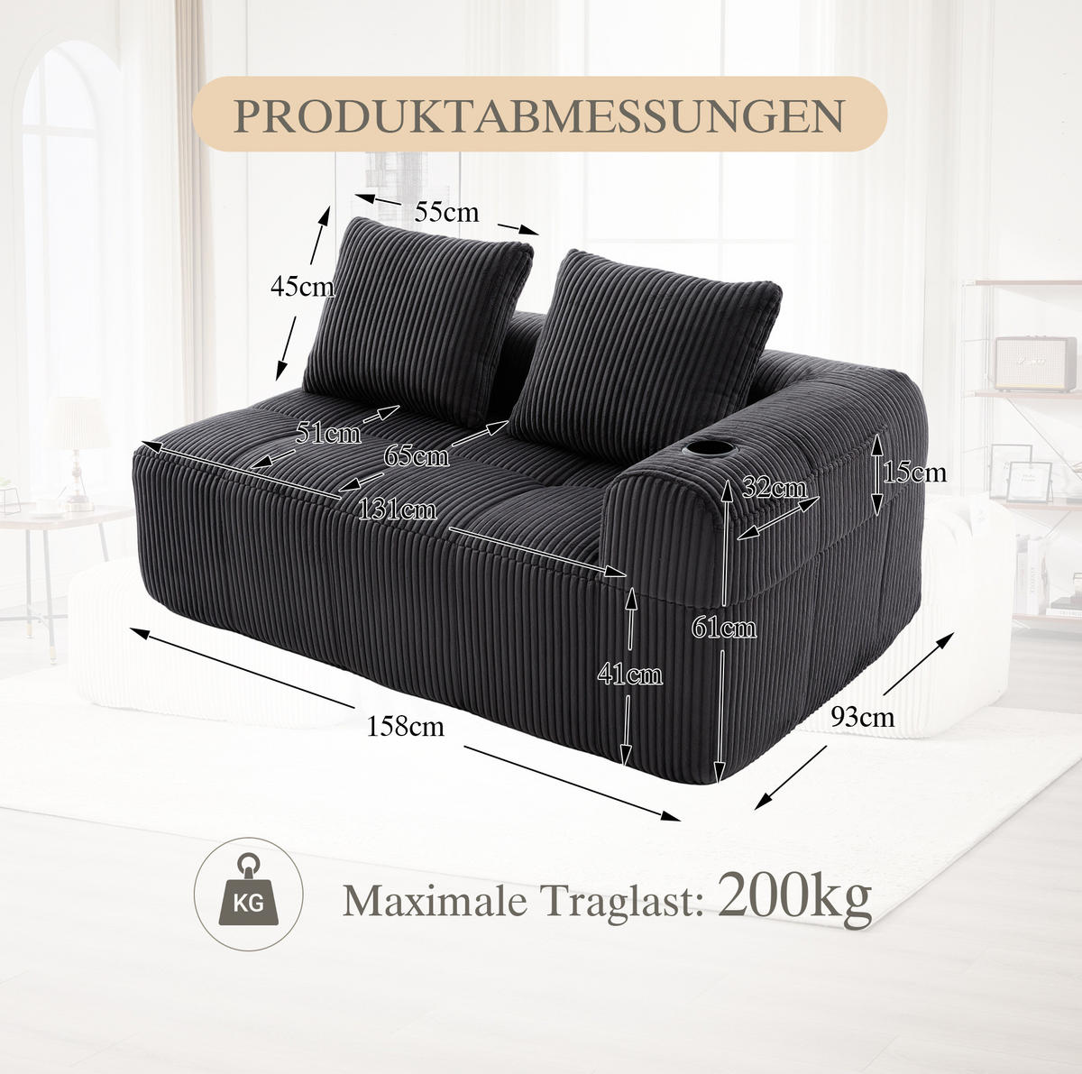 SOFA mit Seitenfächern und Becherhaltern 158 x 93 cm Cord Dark Grey - Dunkelgrau, Kunststoff (158.1/61/93cm) - Meubliv