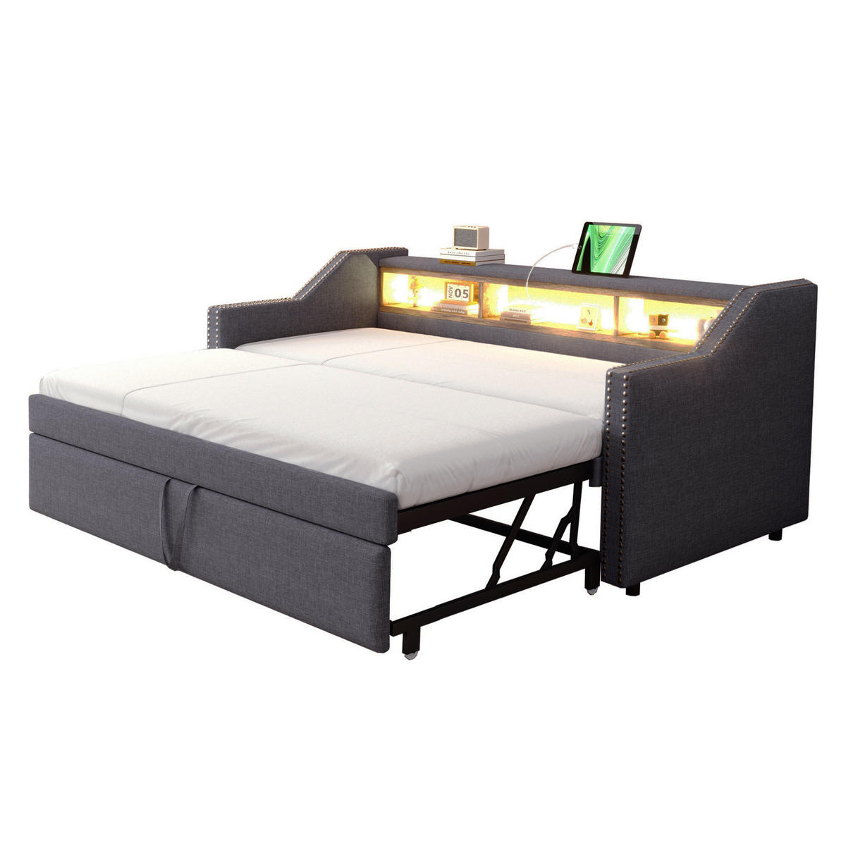 BETT aus Leinen 90/180x190 cm Dunkelgrau mit Ausziehbett, LED, USB und Ablagefächern - Dunkelgrau, Textil (140/200cm) - Modfu