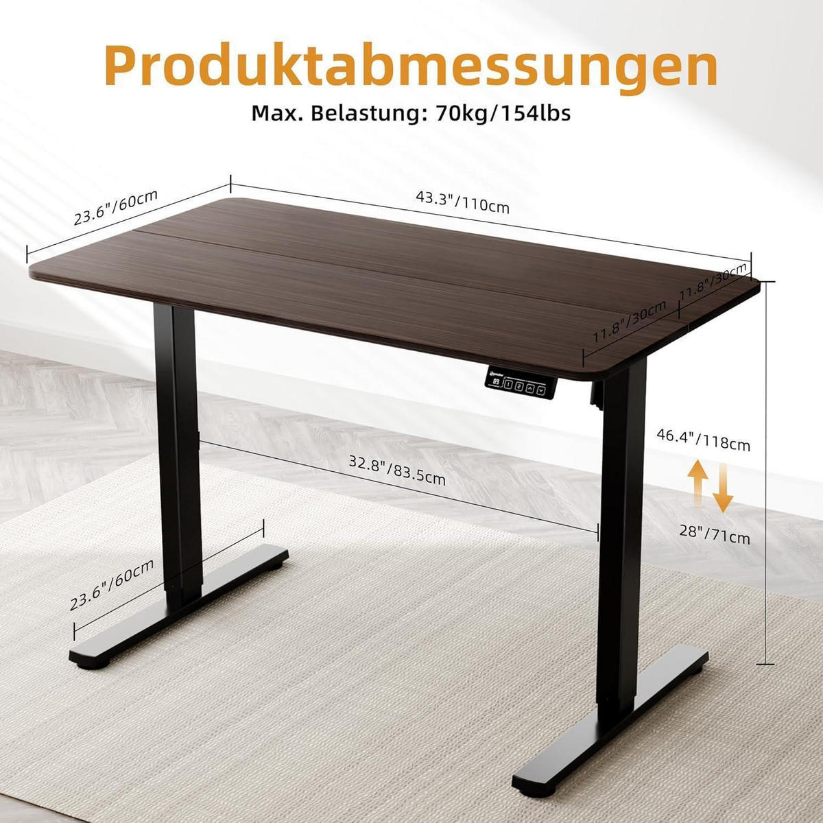 SCHREIBTISCH elektrisch höhenverstellbar 110 x 60 cm Walnuss - Braun, Holzwerkstoff (60/110/73cm)