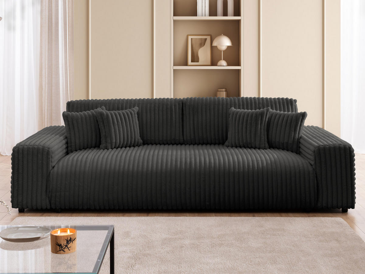 BIGSOFA Mollis Dunkelgrau Plüschcord mit Schlaffunktion - Dunkelgrau/Schwarz, Holz/Kunststoff (260/77/124cm) - S-Style Möbel