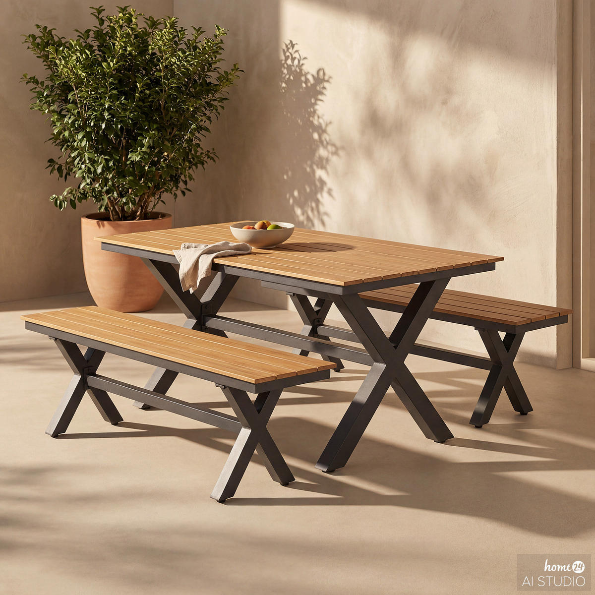 GARTENSITZGRUPPE - Aluminium / Kunststoff - Schwarz / Braun - 3-teilig - Schwarz/Braun, Kunststoff/Metall - home24