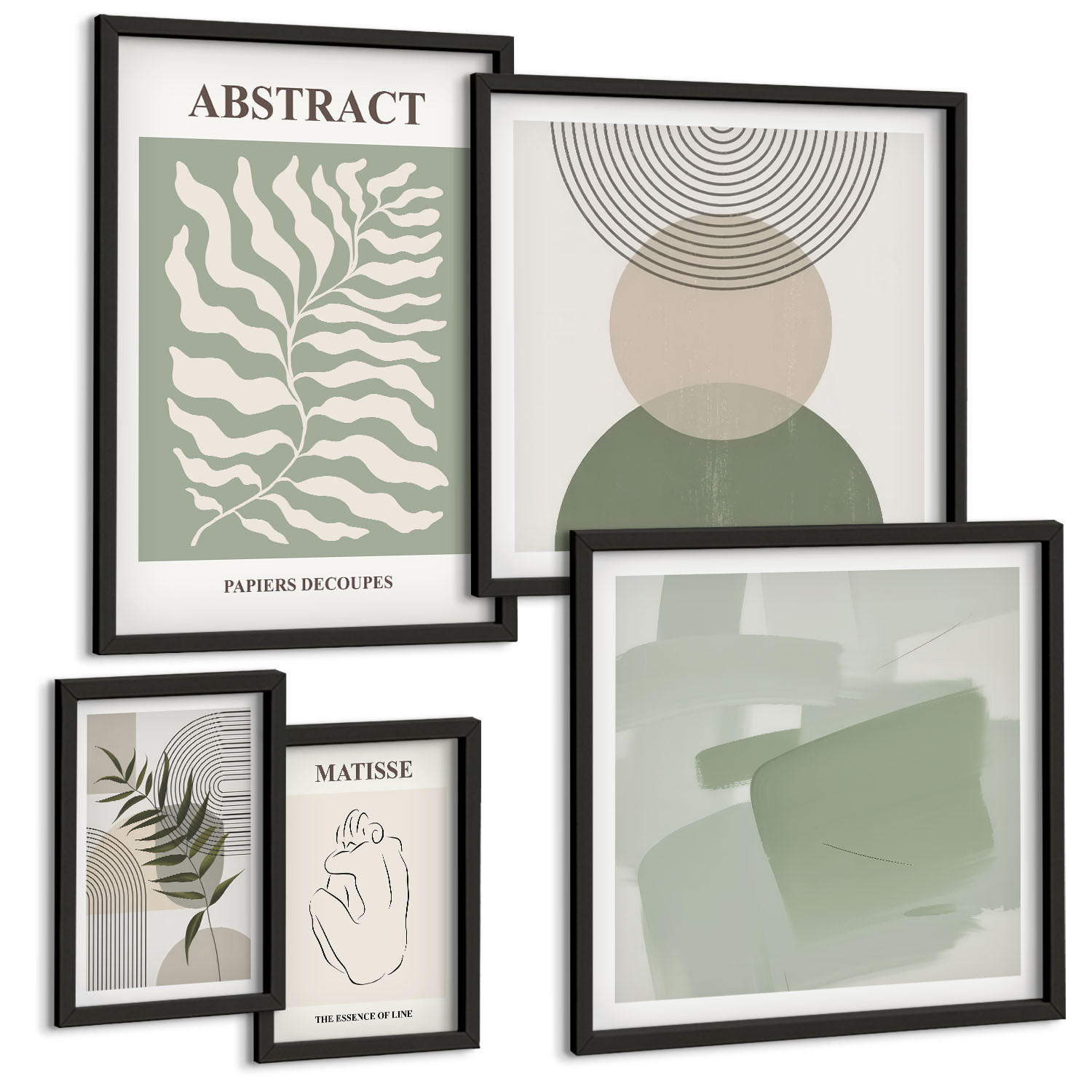 BILDER SET 5er Set - 50x50 cm & 20x30 cm & 40x60 cm Schwarzer Rahmen - Botanische Boho-Abstraktionen - Schwarz, Kunststoff (40/60cm) - TULUP