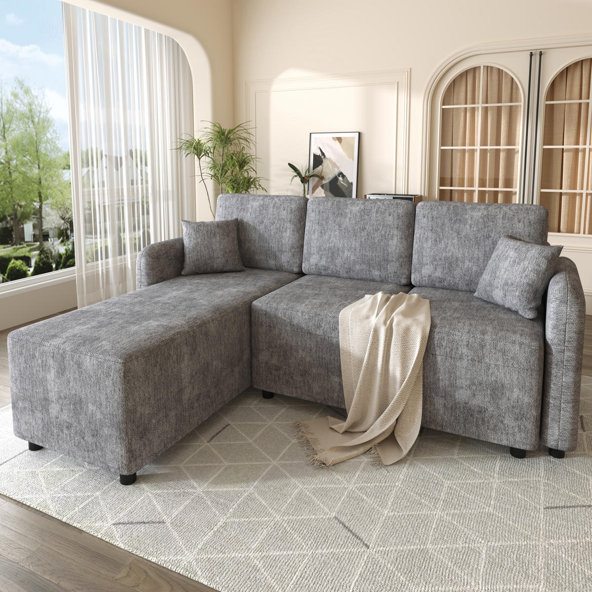 ECKSOFA 187.5/144/85.5 cm Grau Chenille mit 2 Kissen - Grau, Holz/Textil (187.5/144cm) - Oxeza