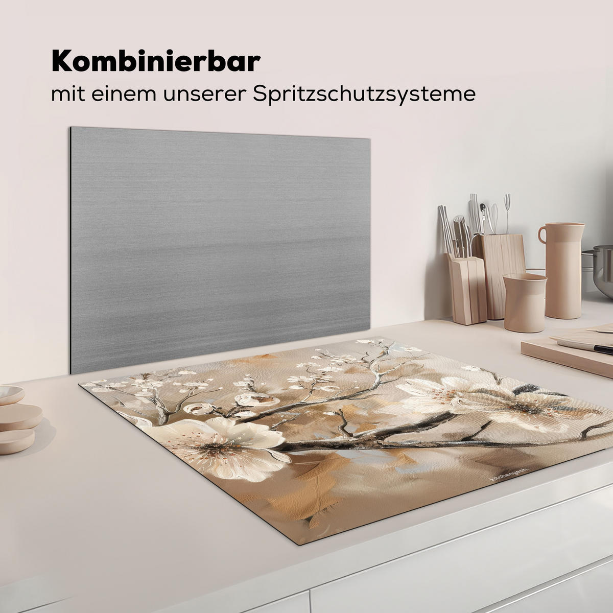 HERDABDECKPLATTE Blumen - Abstrakt - Gemalt - Beige 78x78 cm - Beige, Kunststoff (78/78/0.2cm) - MuchoWow