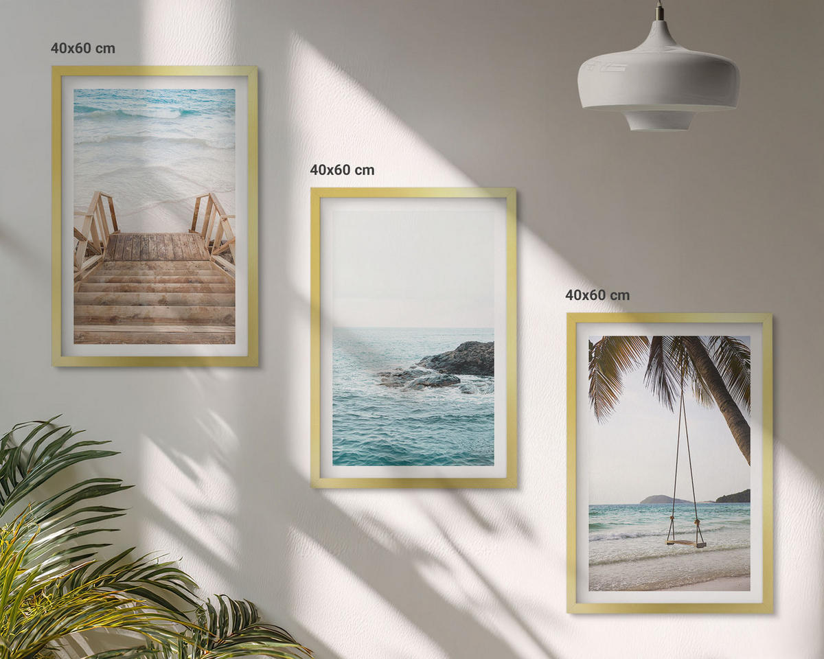 BILDER SET 3er Set - 40x60 cm Goldrahmen - Treppe Strand Meer Schaukel - Goldfarben, Kunststoff (40/60cm) - TULUP