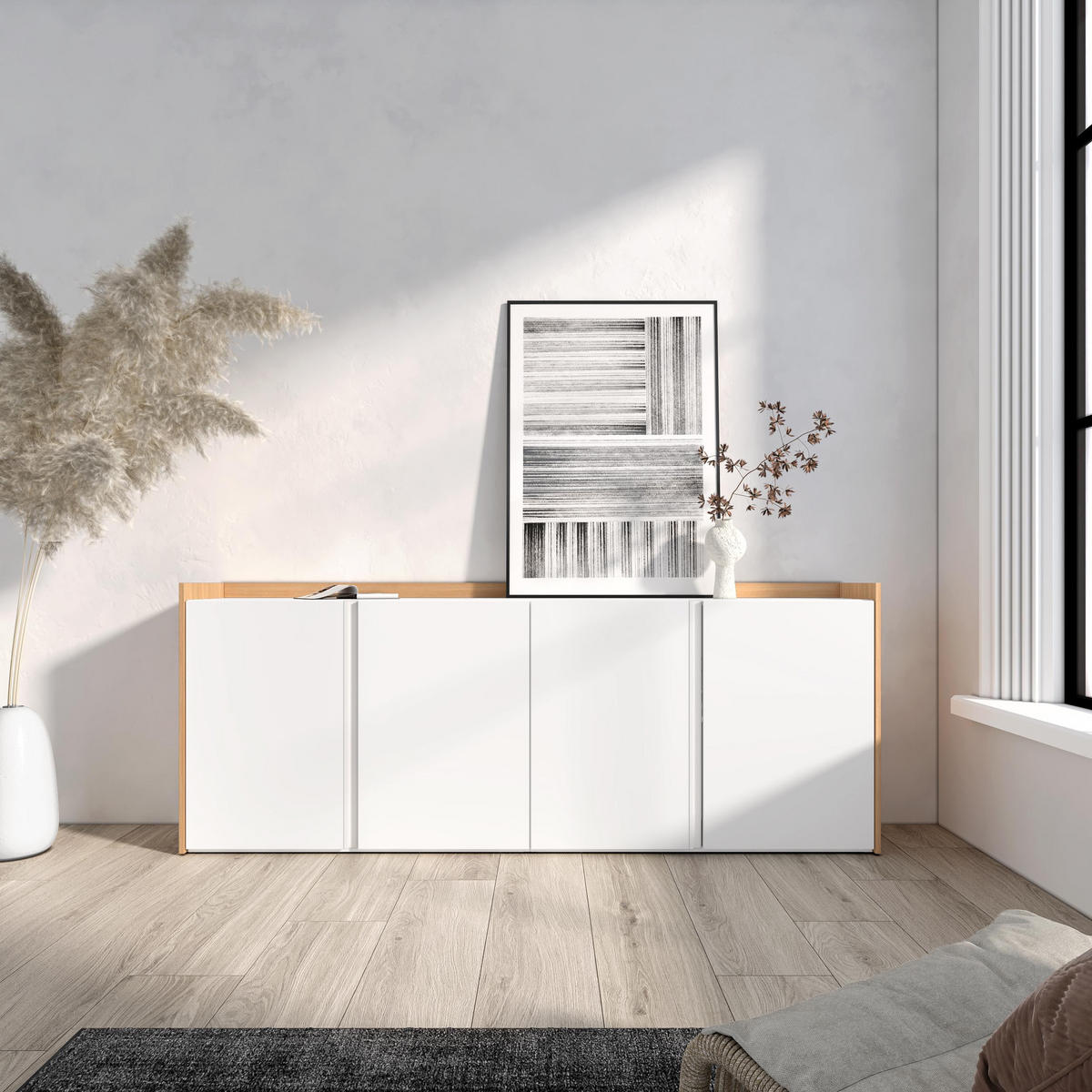 SIDEBOARD, Weiß und Eiche, 207/35/80cm - Weiß, Holzwerkstoff (207/80/35cm) - Skraut Home