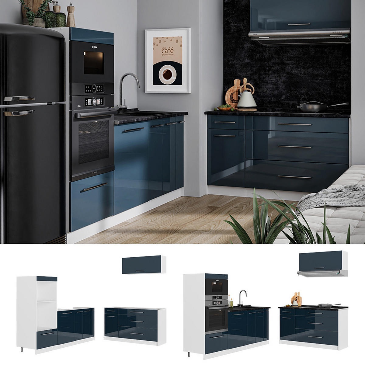 KUCHYŇA Fame-Line, Tmavo modrá vysoký lesk/biely, 340 cm, AP Marble - biela/tmavomodrá, kompozitné drevo (340/153.6/60cm) - Vicco