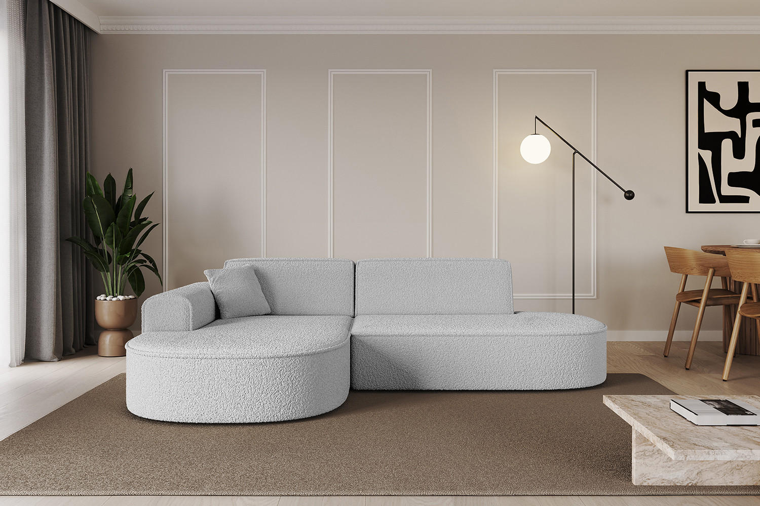 ECKSOFA Ottomane Links MARI-L1 - 232x163x73,5 cm Hellgrau Bouclé - Hellgrau/Schwarz, Holzwerkstoff/Kunststoff (163/234cm) - ALTDECOR