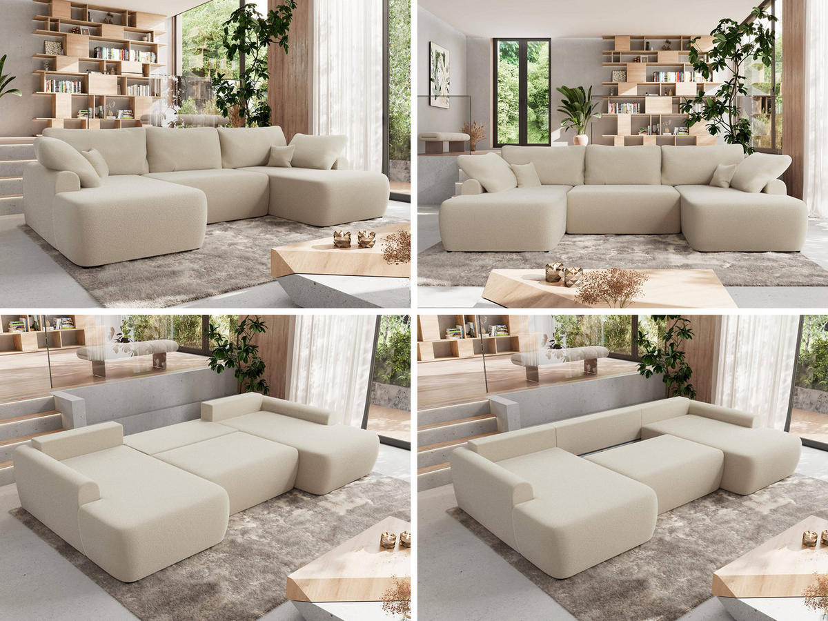 WOHNLANDSCHAFT CUBO U Beige Boucle - Beige/Schwarz, Kunststoff/Textil (370/100/187cm) - MKS