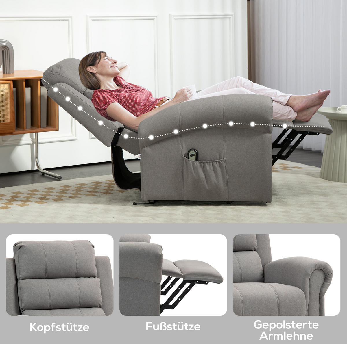 RELAXSESSEL in Hellgrau mit Aufstehhilfe, Massage und Heizfunktion,91/89/106 cm - Hellgrau, Kunststoff (91/106/89cm) - BEAOK