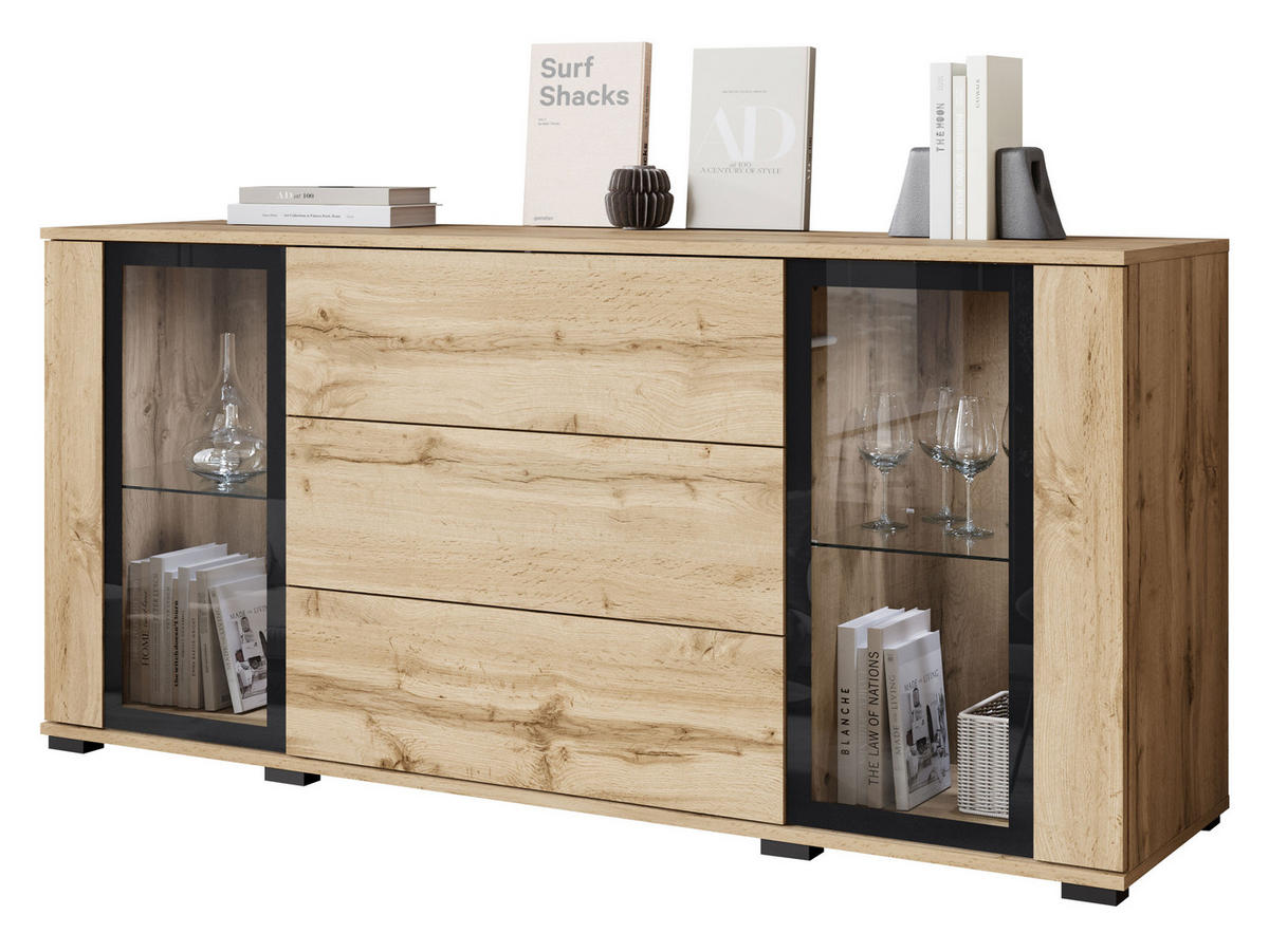 SIDEBOARD Caro SB 150 2D3S mit weißer LED Beleuchtung - Eiche Wotan/Schwarz, Holzwerkstoff/Kunststoff (150/70/40cm) - MIRJAN24