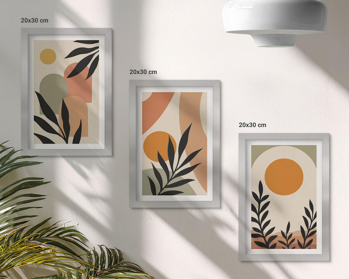 BILDER SET 3er Set - 20x30 cm Silberner Rahmen - Abstrakte Pflanzenformen - Silberfarben, Kunststoff (20/30cm) - TULUP