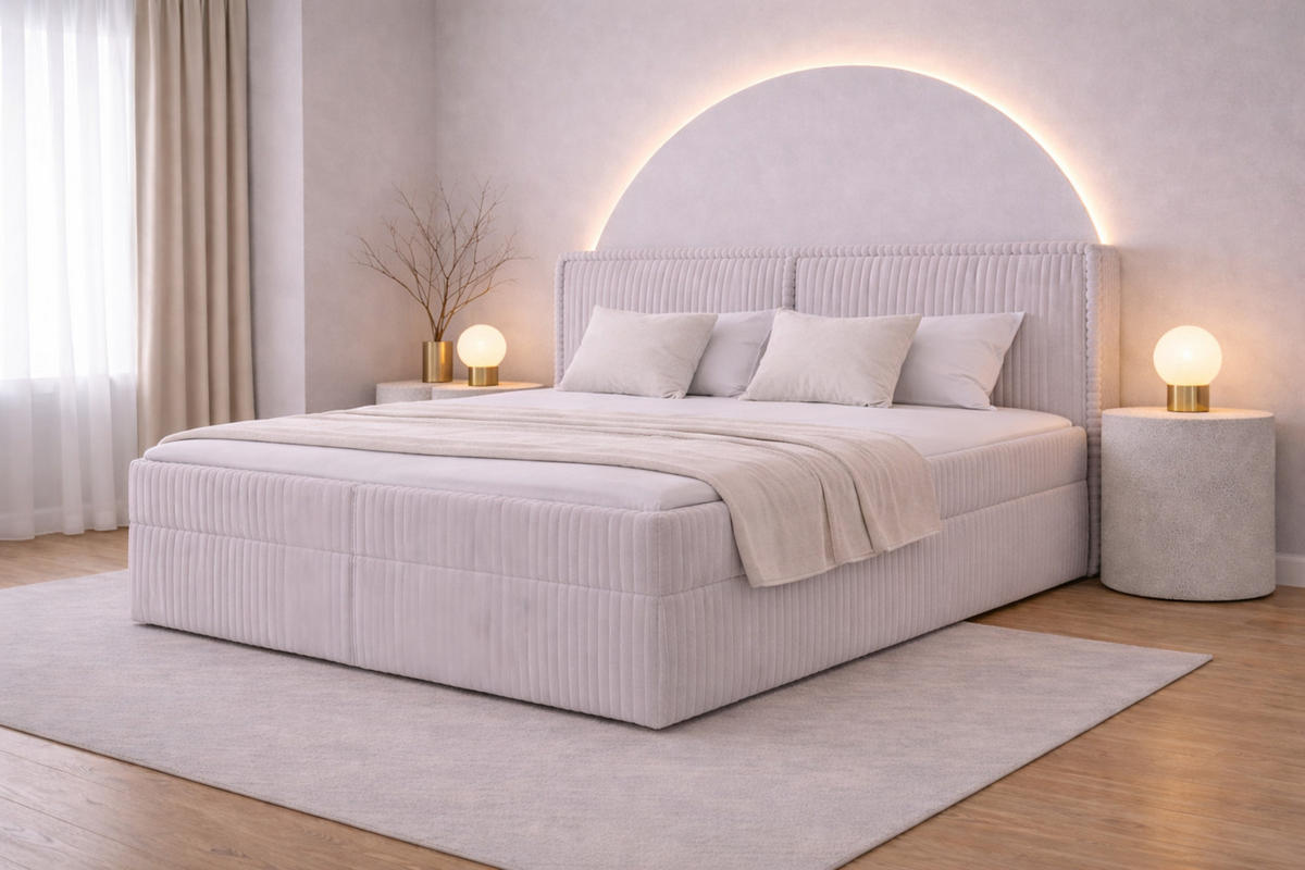 BOXBETT 04 160 x 200 cm - Ambience – Modernes Polsterbett mit Bettkasten, Topper und gepolstertem Kopfteil, Stoffbezug, Stauraumbett - Hellgrau, Holz (160/200cm) - ROYAL24_MARKT
