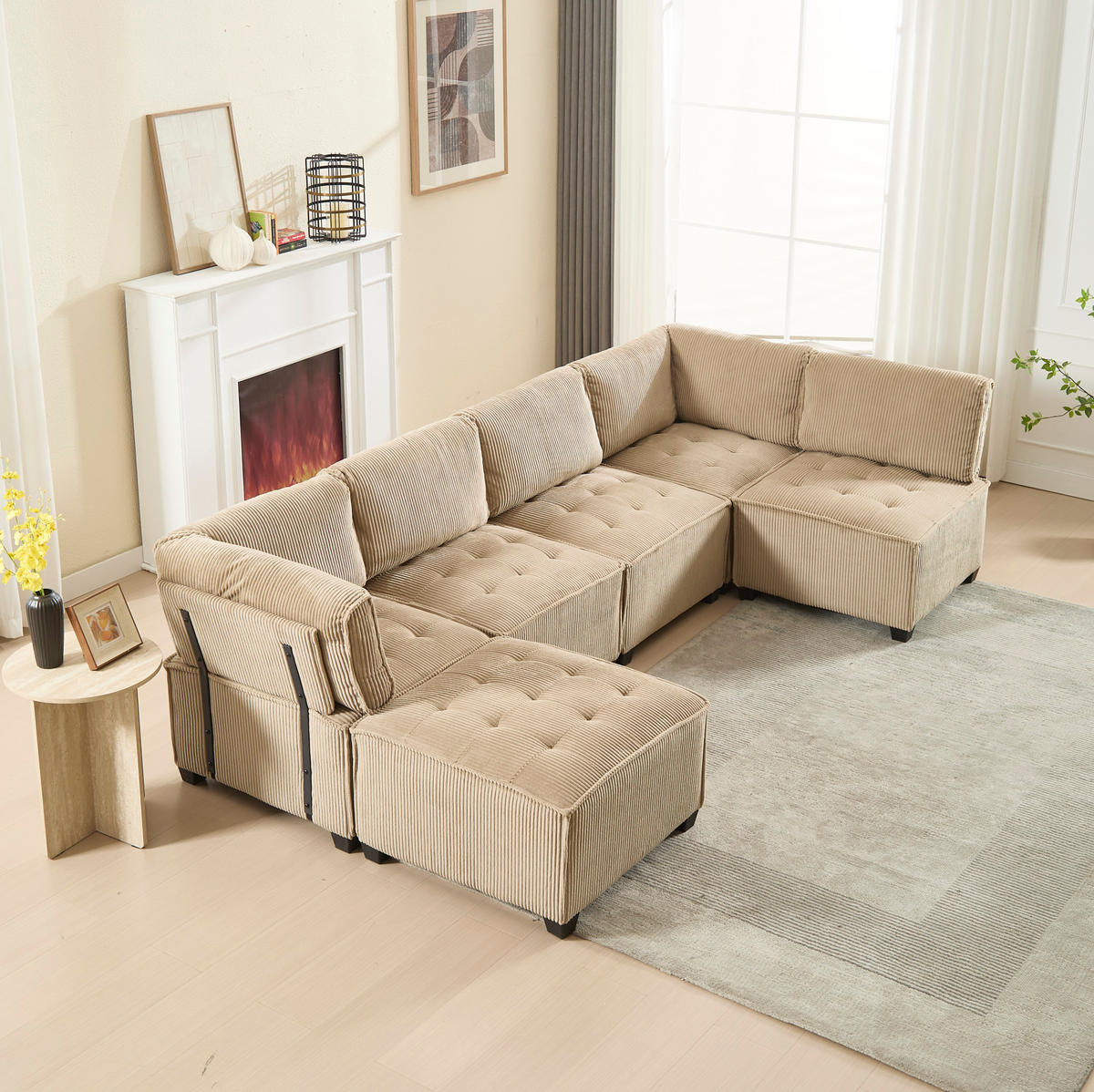 SOFA modular 6-Sitzer 308 x 154 cm Cord Khaki - Braun, Kunststoff (154/82/308cm) - Meubliv