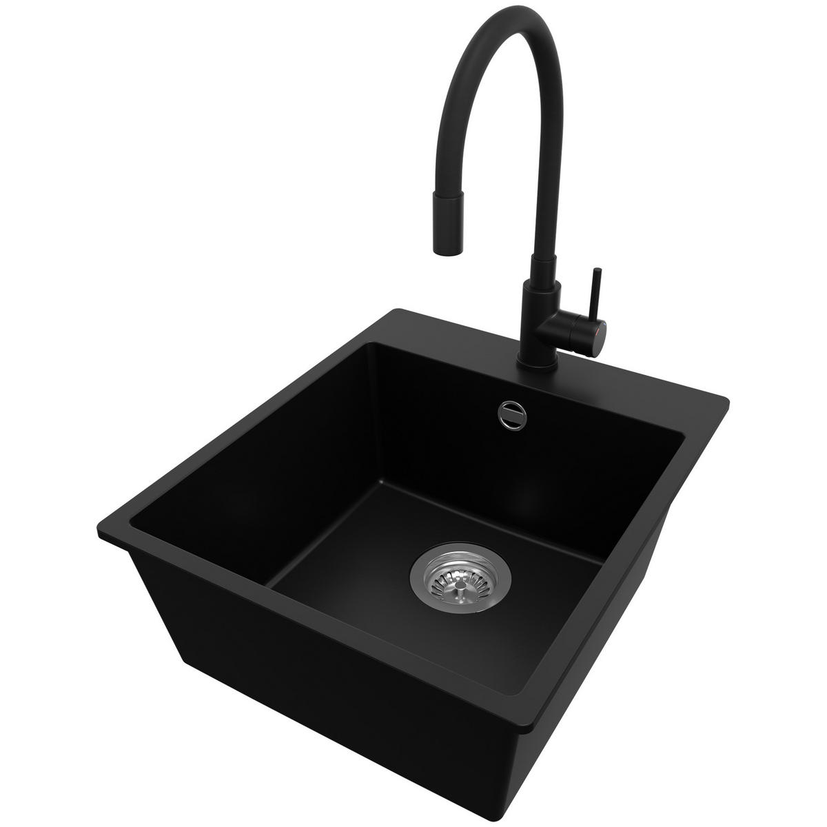 GRANITSPÜLE Riga, 2-er set Schwarz 43/50 cm 1 Becken + Küchenarmatur 40/38 cm + Ablauf-Set ab 45er Unterschrank - Chromfarben/Schwarz, Kunststoff (43/20/50cm) - Primagran