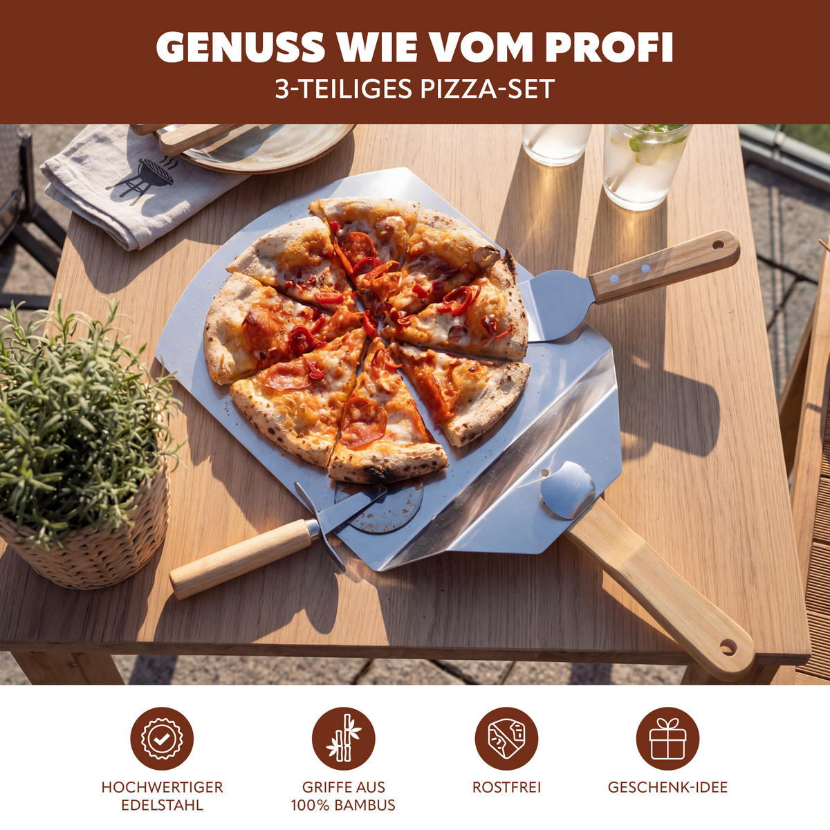 PIZZASCHIEBER 3er Set, aus Edelstahl mit Bambusgriff - Grau, Metall (60.5/1.5/25.5cm) - eluno