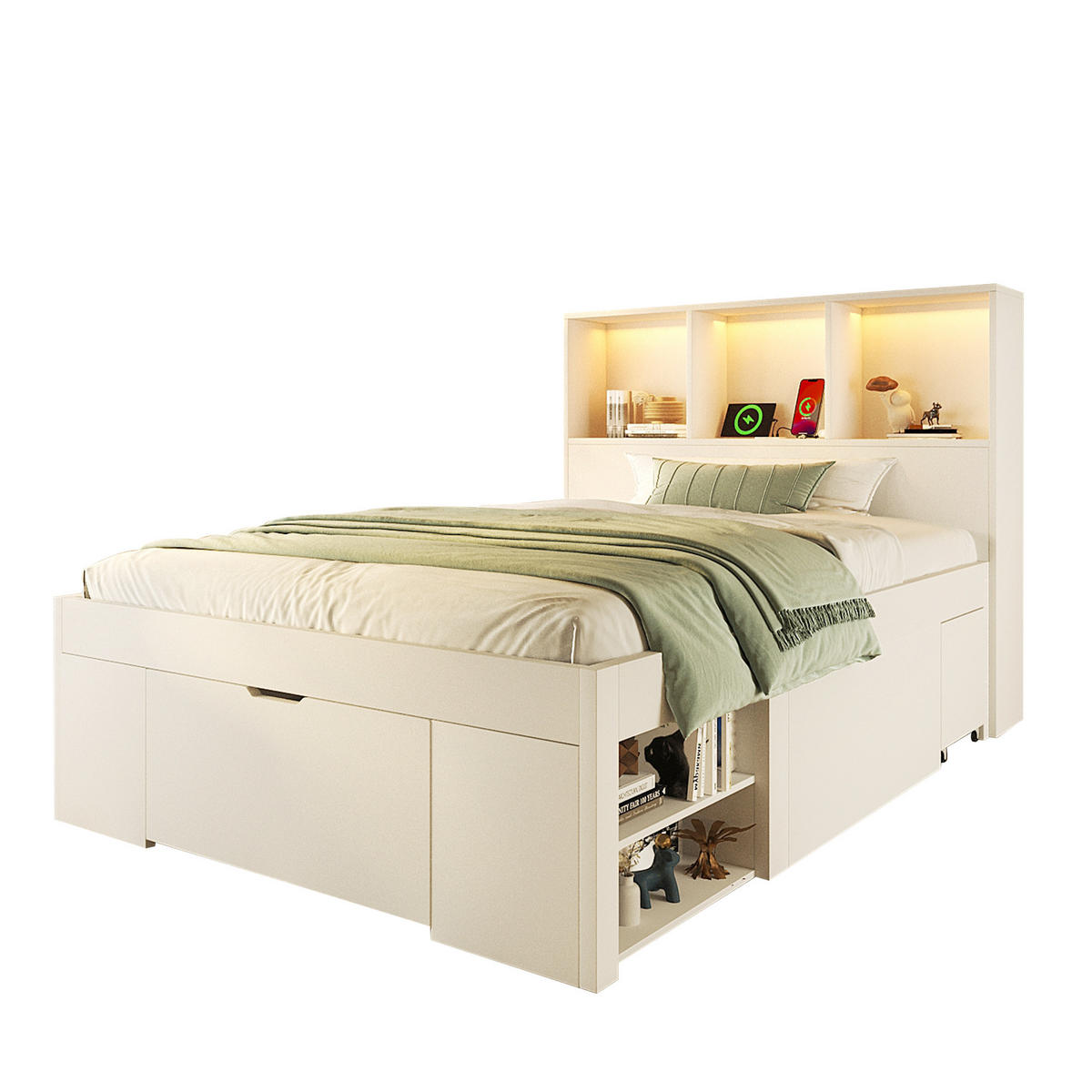 POLSTERBETT 90x200 cm in Weiß mit LED-Beleuchtung & Ladestation - Weiß, Holzwerkstoff (90/200cm) - Modfu