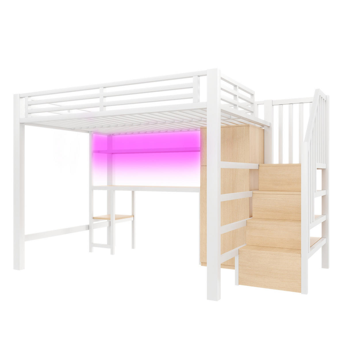 HOCHBETT 140/200 cm mit Schreibtisch, Regal, Kleiderschrank und LED - Weiß, Metall (140/200cm) - MIVRAY