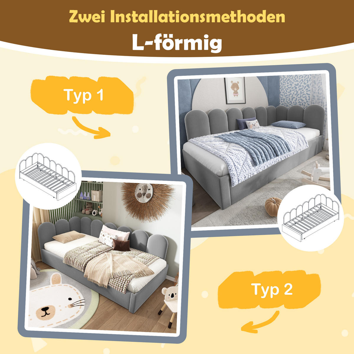 POLSTERBETT 90/200 cm mit Ausziehbett 90/190 cm, Samtbezug, Gitter-Design und Lattenrost, Grau - Grau, Textil (90/200cm) - Redom