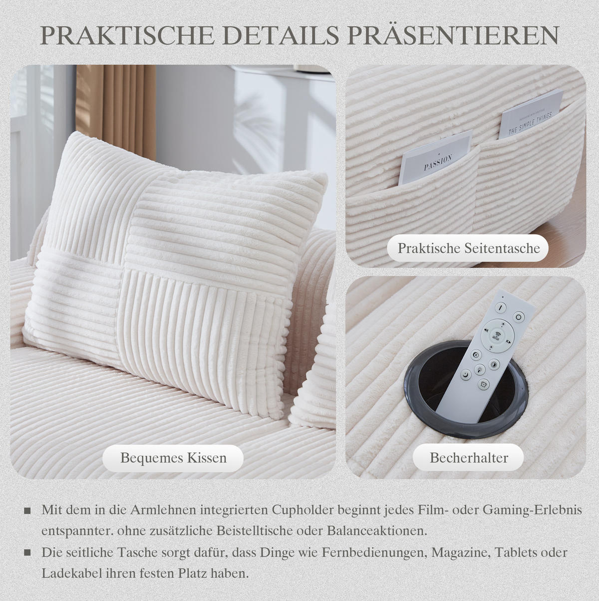 WOHNLANDSCHAFT Cord 4-Sitzer mit 2 Hockern und Getränkehalter 333/174/80 cm Beige - Beige, Textil (174/80/333cm) - Redom