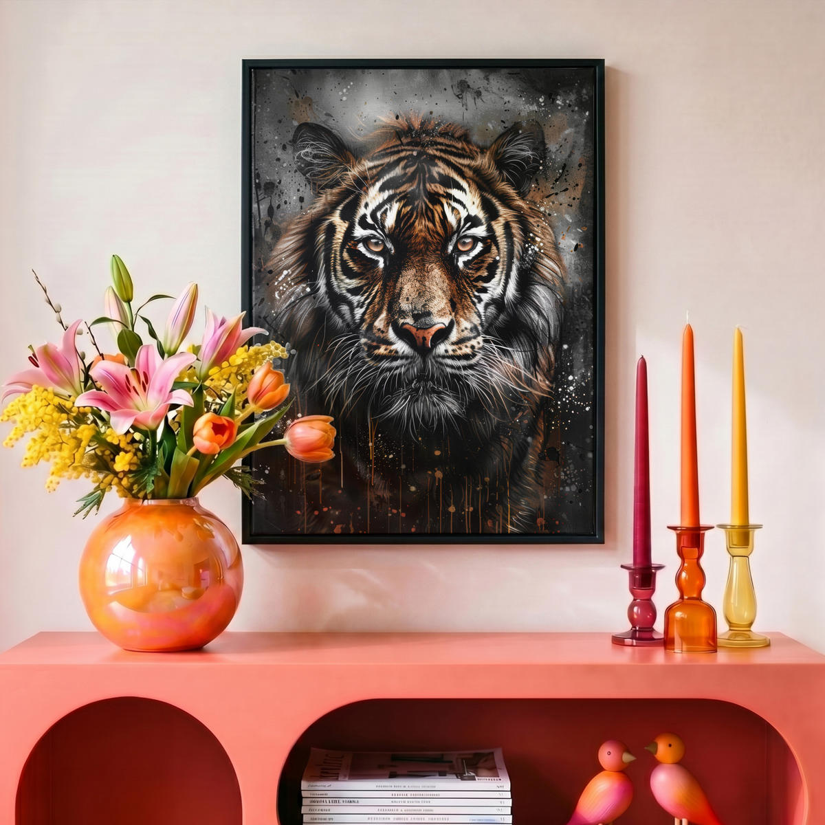 LEINWAND Bilder mit Rahmen - Tiger - Tiere - Porträt - Luxus - Schwarz - 30x40 - Braun, Textil (30/40cm) - MuchoWow