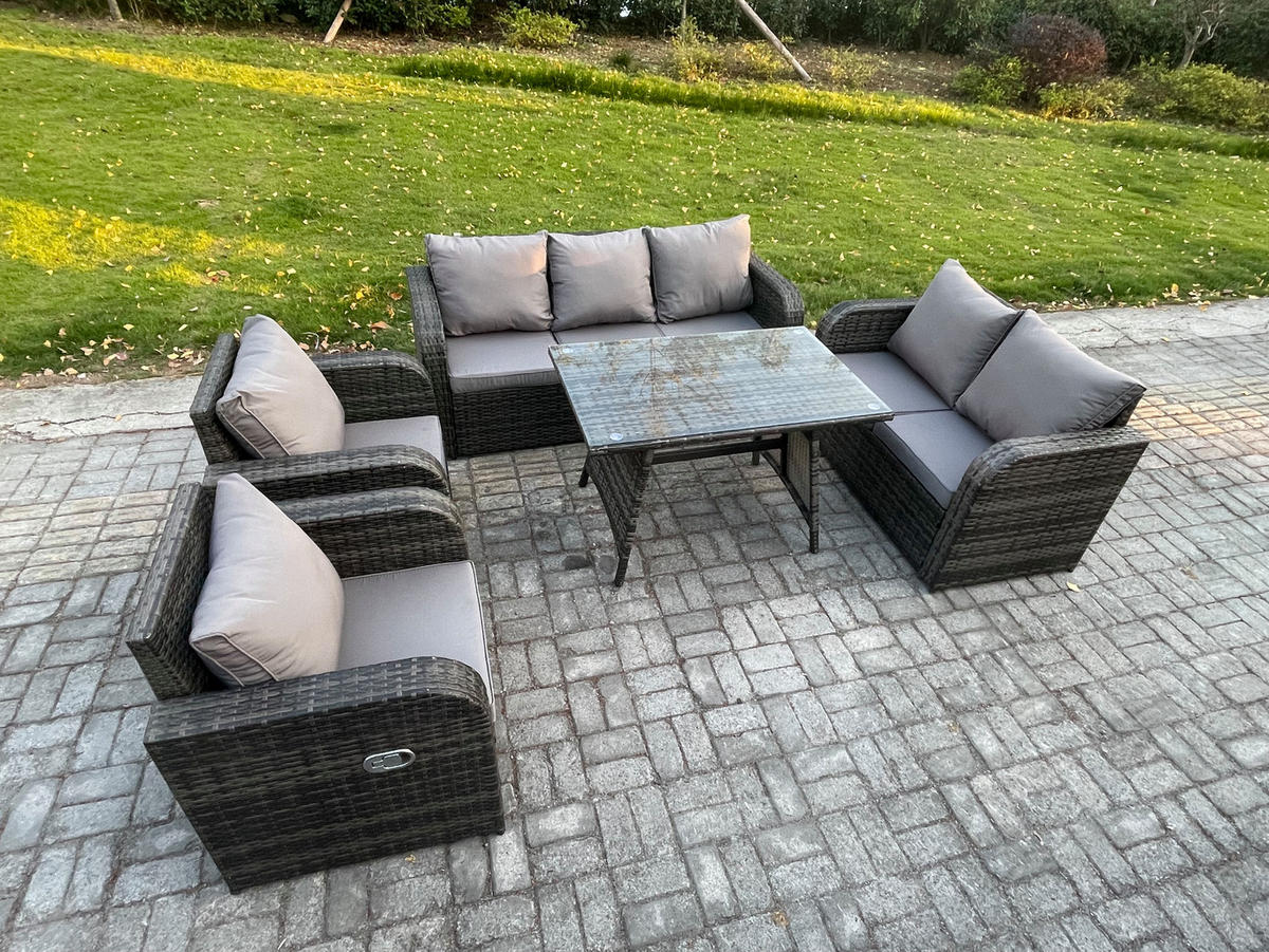 GARTENMÖBEL SET Polyrattan Dunkelgrau 7-Sitzer - Dunkelgrau/Grau, Glas/Kunststoff - Fimous