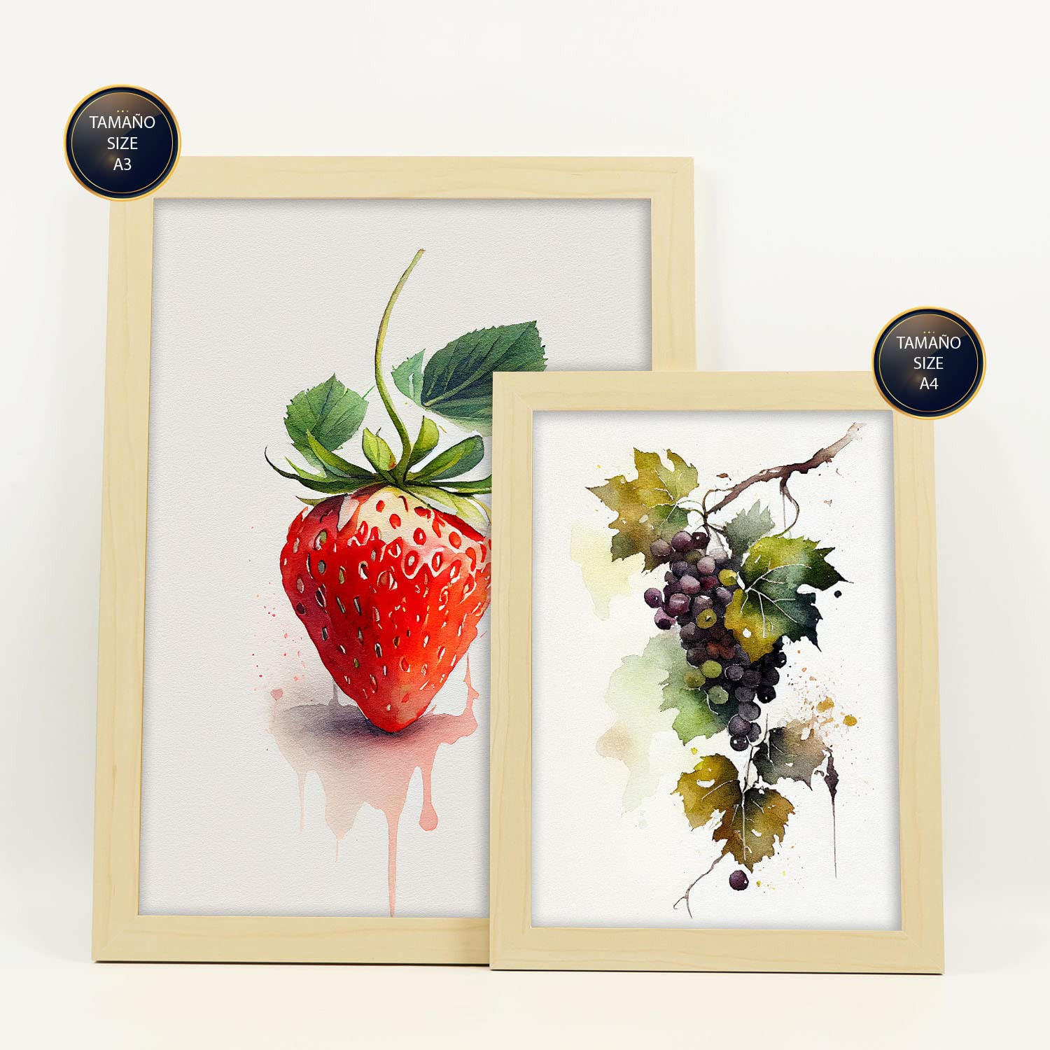 POSTER Set Mit 6 Lebendige Früchte Plakate Von Obst Gemüse & Gesunden Lebensmitteln Im Aquarell Kunst Auf Reinweißen A3 & A4 Rahmen Aus Hellem Holz - Beige, Papier (29/3cm) - Nacnic