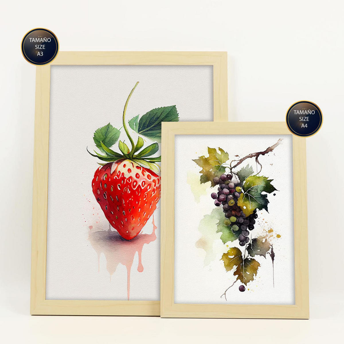 POSTER Set Mit 6 Lebendige Früchte Plakate Von Obst Gemüse & Gesunden Lebensmitteln Im Aquarell Kunst Auf Reinweißen A3 & A4 Rahmen Aus Hellem Holz - Beige, Papier (29/3cm) - Nacnic