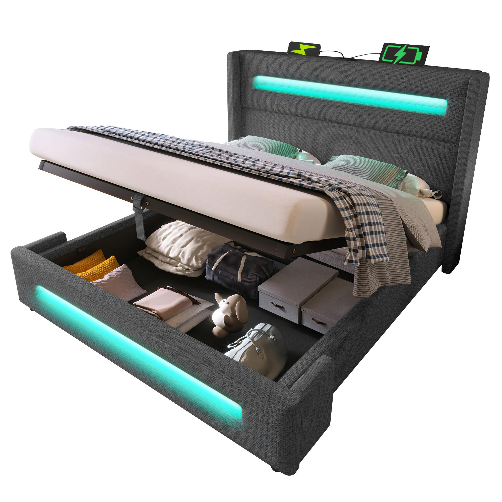 POLSTERBETT 160/200 cm Grau mit LED-Beleuchtung und Stauraumfunktion - Grau, Textil (160/200cm) - OKWISH