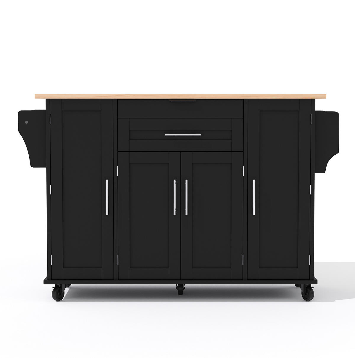KÜCHENINSEL aus MDF 136x70x92 cm Schwarz/Natur mit ausziehbarer Arbeitsplatte, Rollen und viel Stauraum - Schwarz, Holzwerkstoff (136/92/70cm) - Modfu