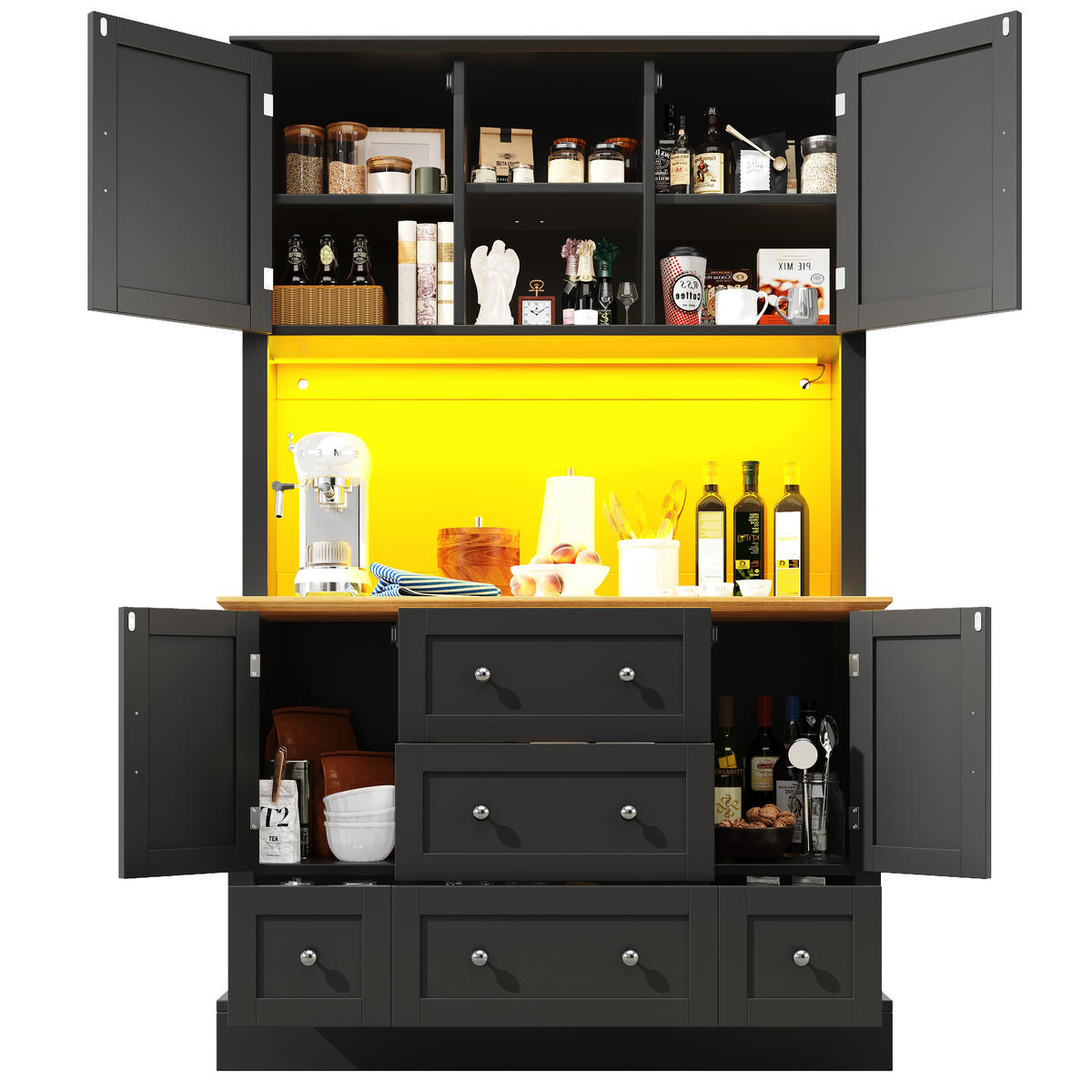 HOCHSCHRANK mit App-gesteuerter LED-Beleuchtung, 3 Schubladen, MDF, 115/40/180 cm, Schwarz/Natur - Schwarz, Holzwerkstoff (115/180/40cm) - Redom