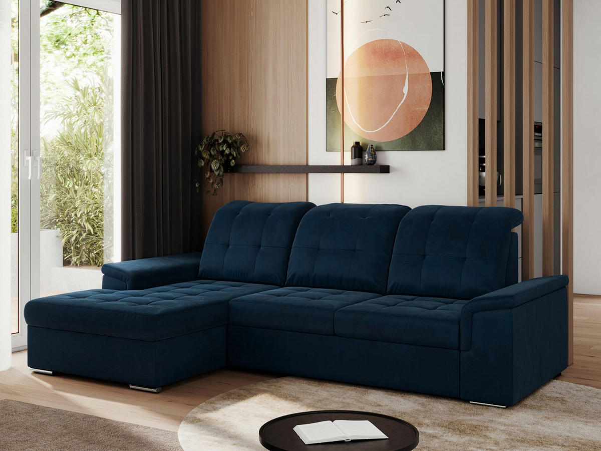 ECKSOFA MADRITO L - Dunkelblau Velorus - Links - Silberfarben/Dunkelblau, Textil/Metall (160/256cm)