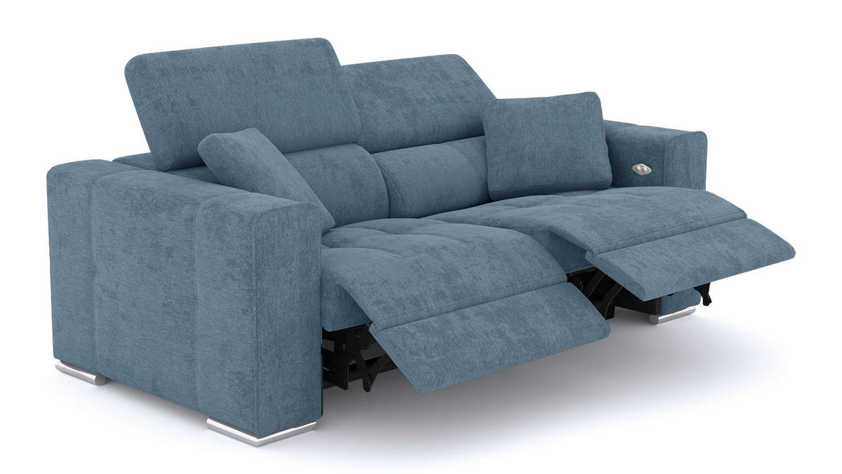 SOFA QUARTZ 3-Sitzer mit 2 Relaxfunktionen, blau - Blau/Silberfarben, Holzwerkstoff/Textil (204/80/102cm) - Courtois Laville