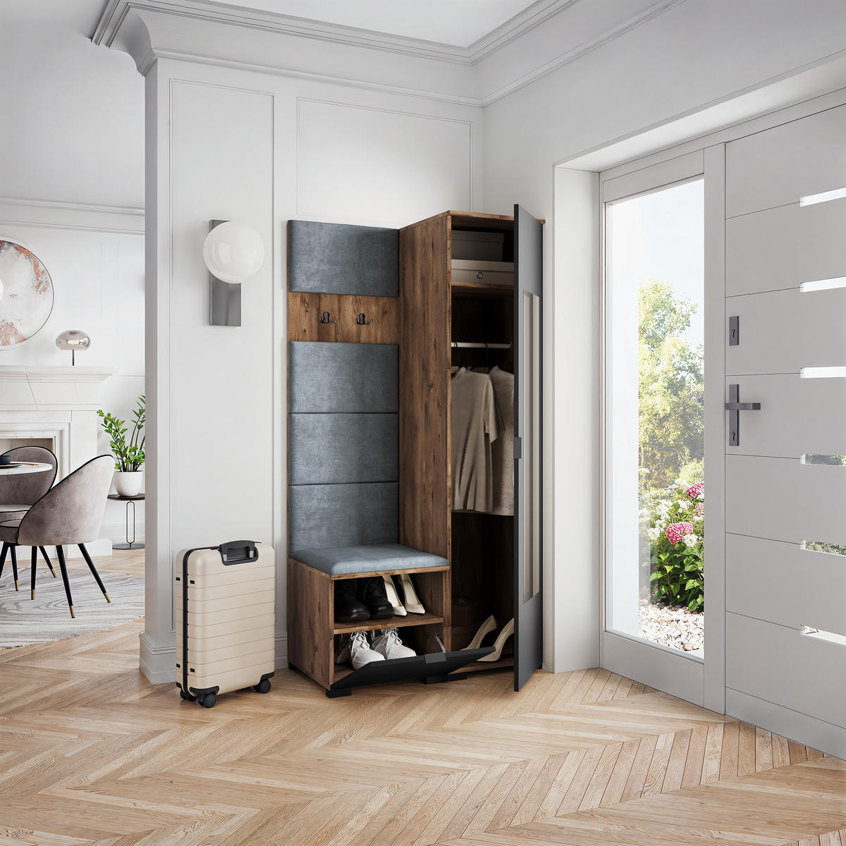GARDEROBENSCHRANK VIRA 95/181/51 cm Modern Garderobe-Set Eiche Lefkas - Eichefarben/Schwarz, Holzwerkstoff (95/181/51cm) - MASSENO