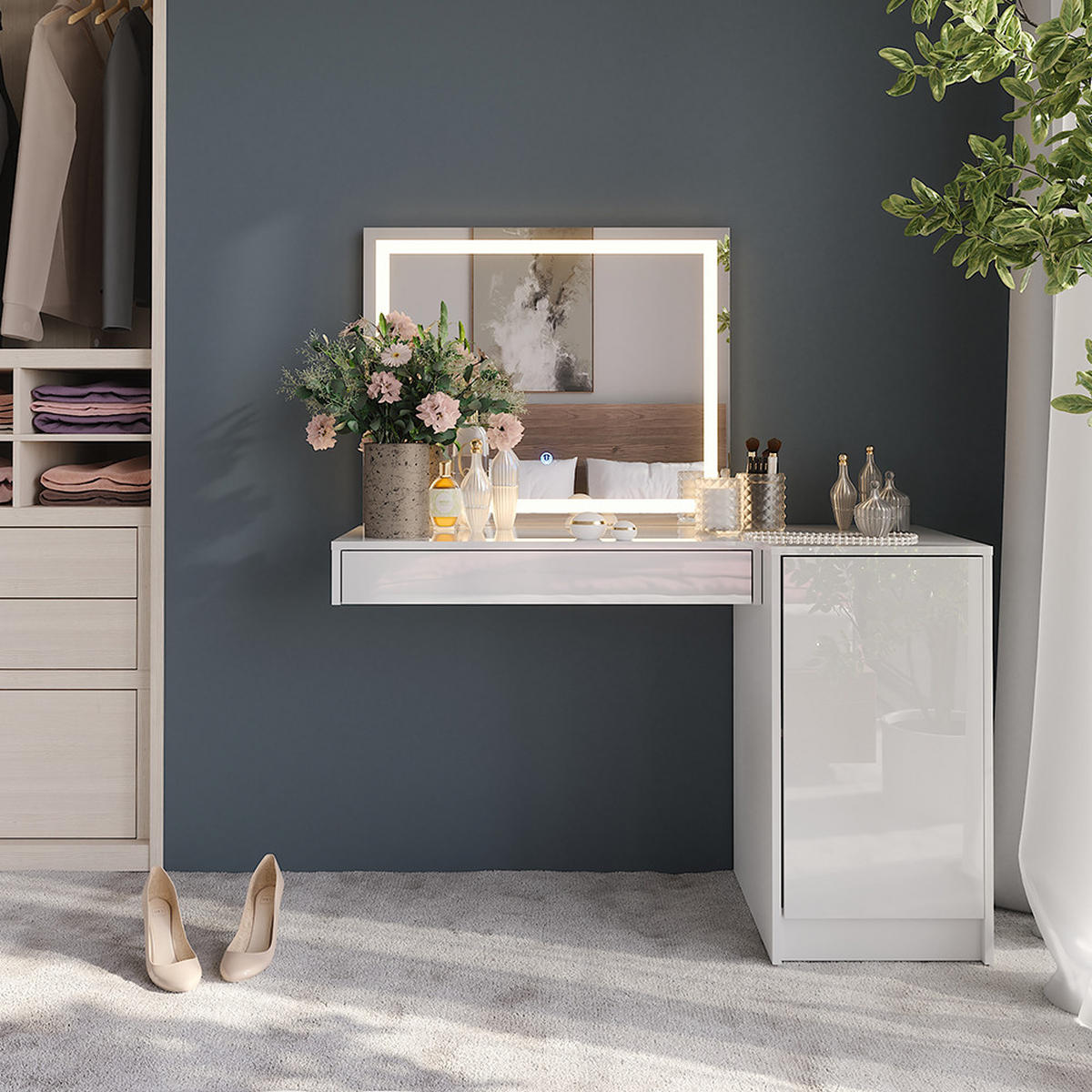 SCHMINKTISCH Sherry Weiß/Weiß Hochglanz 120 cm 3 Teile - Weiß Hochglanz, Holzwerkstoff (120/76/50.1cm) - Vicco