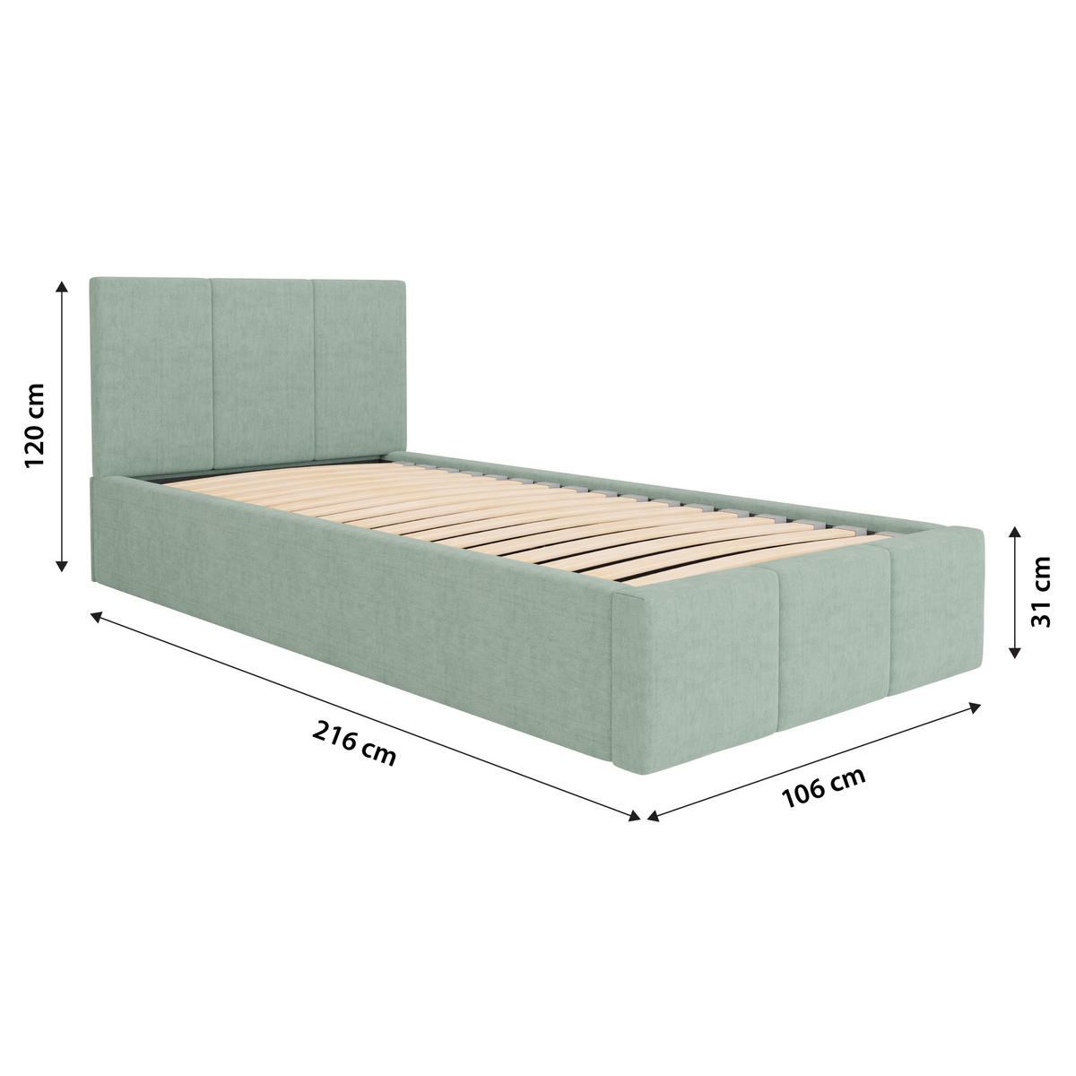 POLSTERBETT für Schlafzimmer Bett mit Stauraum Mint 90x200cm Kopfteil 120cm - Grün, Holzwerkstoff/Metall (90/200cm) - Muralo