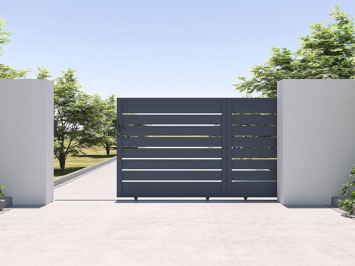 GARTENTOR Schiebetor mit Torantrieb - 374 x 165 cm - durchbrochen - Aluminium - Anthrazit - PRIMO - Anthrazit, Metall (348/163cm) - Vente-Unique